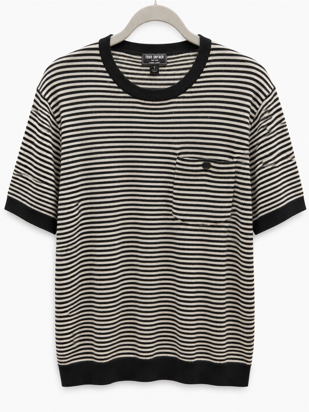 Todd Snyder Black and Cream Striped Short Sleeve Pocket Tee